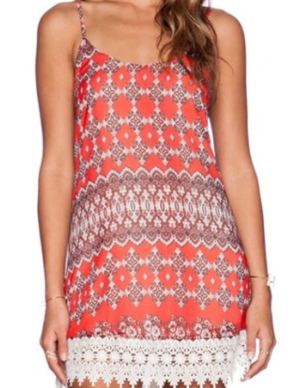 Show Me Your MuMu Coral & White Printed Mini Dress with Lace Hem
